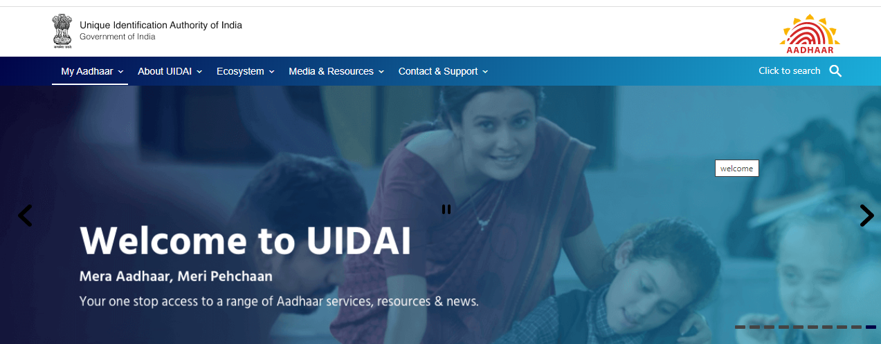 Official Aadhar Website Homepage Screenshot